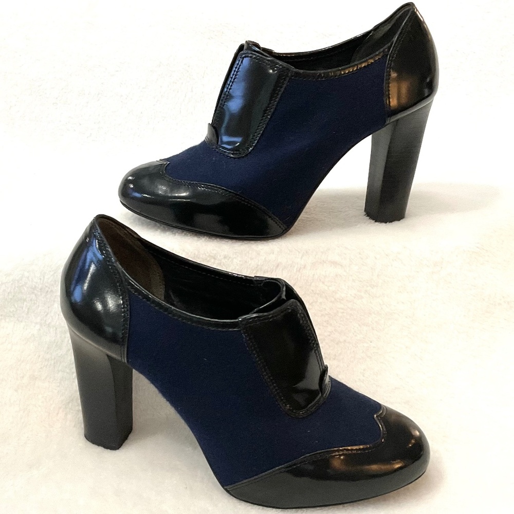 Black/Blue Leather Pull On Tory Burch Leighton Chunky Block Heel Booties Sz 7.5M - Picture 3 of 16